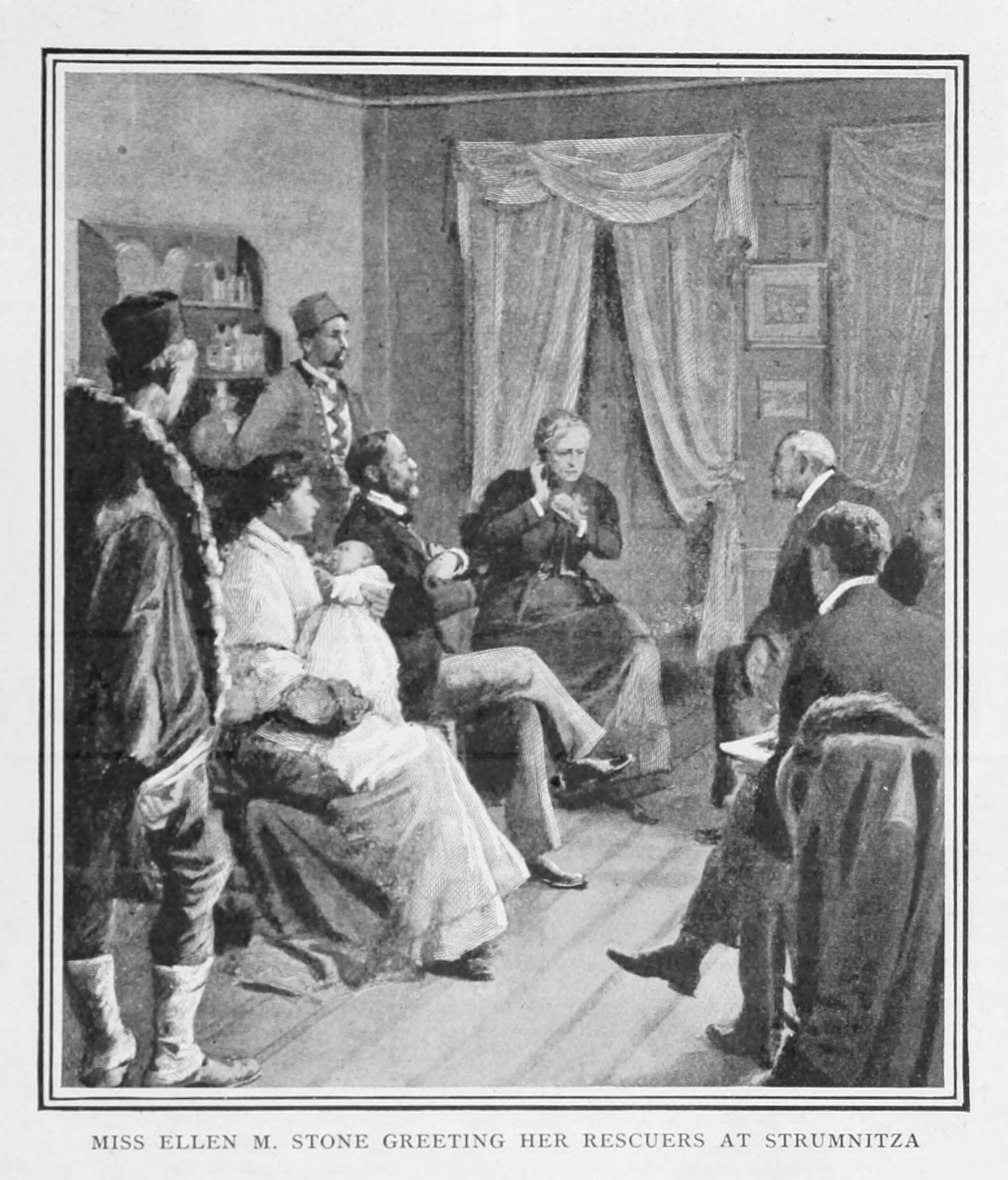 An engraving of Miss Stone and Madame Tsilka with those who ransomed them in Strumica